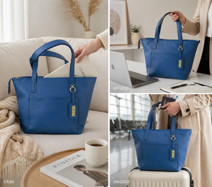 Borsa NEERAS' Vayen #5 – Pelle italiana blu cobalto, viste multiple, design artigianale africano