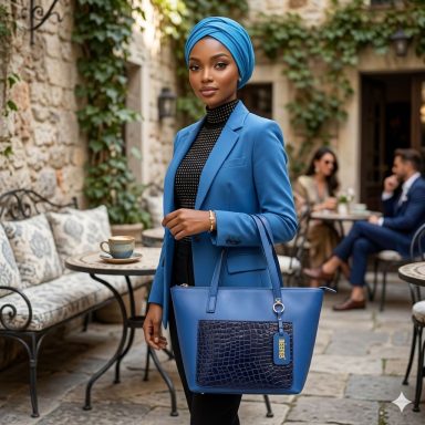 Donna elegante con sciarpa blu e borsa blu in un caffè all'aperto.